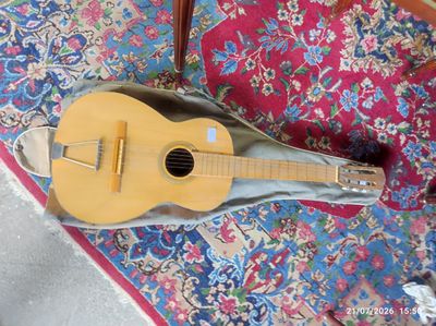 a guitar that is sitting on a rug on the floor