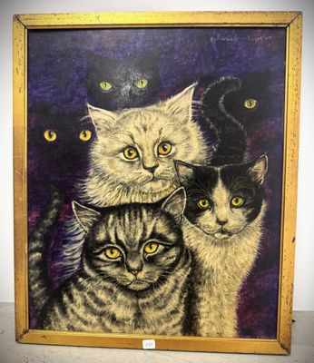 painting of a group of cats in a wooden frame on a wall