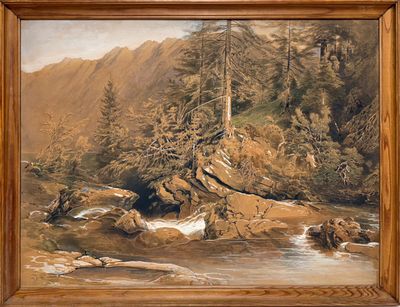 une peinture représentant une scène de montagne avec une rivière au premier plan