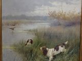 an oil painting of two dogs in a field near a body of water
