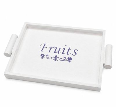 un plateau blanc sur lequel est inscrit le mot « fruits »