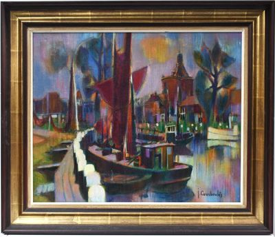 painting of a boat docked in a harbor with buildings in the background