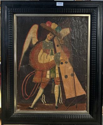 une image représentant un tableau où l'on voit un homme avec une harpe dans une pièce