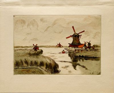 tableau représentant des moulins à vent au bord d'une rivière, avec un bateau au premier plan