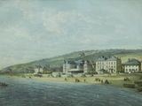 painting of a view of a town on the shore of a body of water