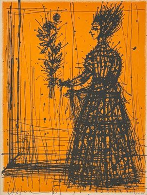 une image représentant le dessin d'une femme tenant un bouquet de fleurs