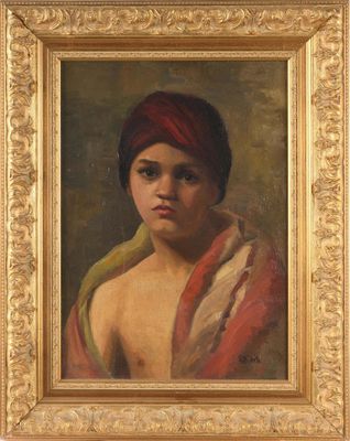 une peinture à l'huile représentant une femme coiffée d'un turban rouge
