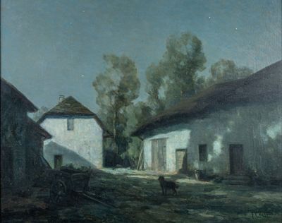 un tableau représentant une vache debout devant une grange