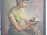 une peinture à l'huile représentant une femme en robe verte tenant un oiseau