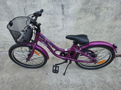 un vélo violet avec un panier à l'arrière
