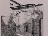 pencil drawing of a courtyard with a man sitting on a bench