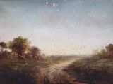 painting of a dirt road in a field with trees in the distance