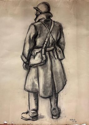 dessin représentant un homme en trench-coat, coiffé d'un chapeau et portant un sac