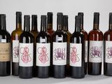 plusieurs bouteilles de vin sont alignées sur une surface blanche
