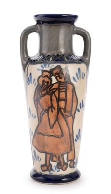 a blue and white vase with a picture of a man and a woman on it