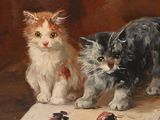 a painting of two cats on a table with a ball of yarn