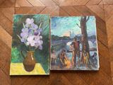 two paintings of flowers in a vase on a table next to a painting of a man and a dog