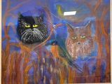 un tableau représentant deux chats et un oiseau dans un arbre