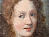an old painting of a young girl with red hair and a blue dress
