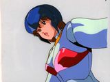 animation cel of a woman in a blue suit with a baseball bat