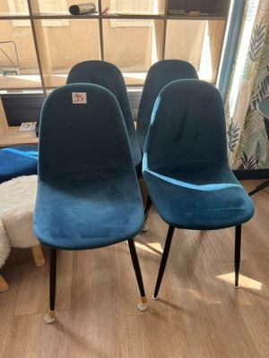 trois chaises bleues aux pieds noirs et un chien blanc par terre