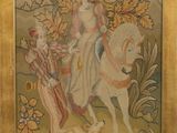 painting of a woman riding a horse with a dog in a field