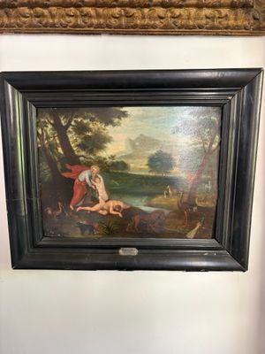 an oil painting of a man and woman in a wooded setting