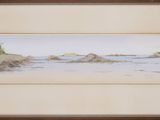an image of a painting of a beach scene with rocks in the water
