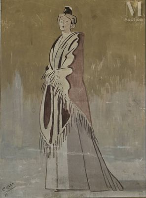 painting of a woman in a long dress with a shawl on a wall