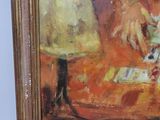 an oil painting of a woman sitting at a table with a lamp