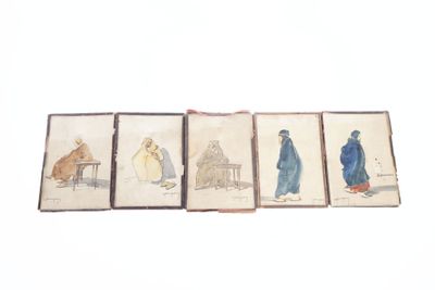 three old books with drawings of people and animals on them