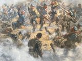 painting of a large group of soldiers in a field with smoke coming out of the ground