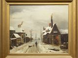 une image représentant un tableau d'une rue enneigée avec une calèche