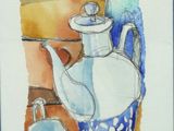 a watercolor painting of a tea pot and a cup