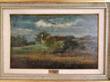 l'image d'une peinture représentant un champ avec une maison au loin
