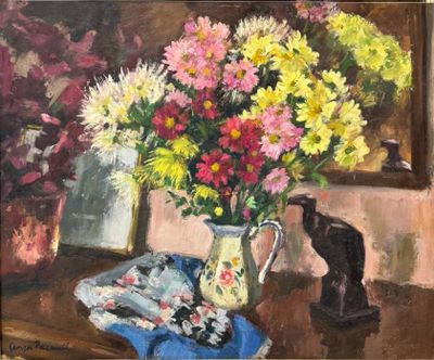 a painting of a vase of flowers on a table