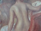 an image of a painting of a woman sitting on a red chair