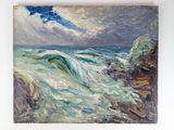 an oil painting of waves crashing on rocks in the ocean