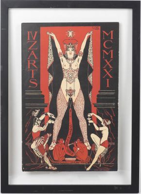an art nouveau poster of a woman in a red and black dress
