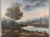 painting of a landscape with a river and a bridge in the foreground