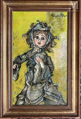 painting of a little girl in a blue dress holding a cat