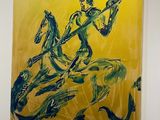 painting of a man riding a horse with a gun on a yellow background