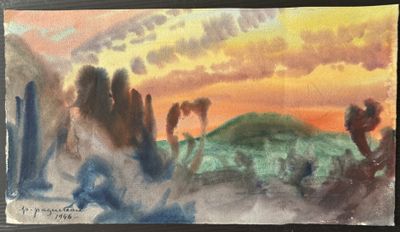 une image représentant un tableau représentant une scène désertique avec un coucher de soleil en arrière-plan