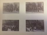 several black and white photos of people walking down a street