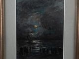 a painting of people standing on a beach under a cloudy sky
