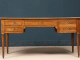 an old wooden desk with two drawers and a drawer underneath it
