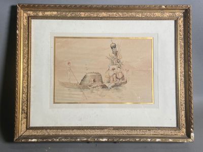 une image représentant un dessin d'un homme sur un bateau dans l'eau