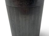 a metal trash can with a black lid on a white background
