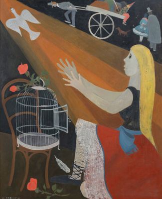 an image of a painting of a woman with a birdcage in her hand