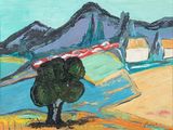 an image of a painting of a train on a track near a tree